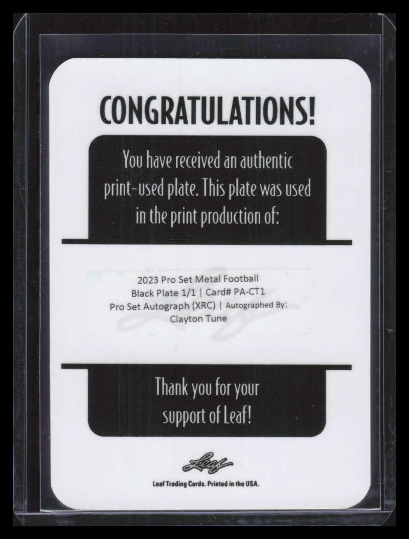 2023 Leaf Pro Set Metal Autographs Printing Plate Clayton Tune Rookie Auto 1/1