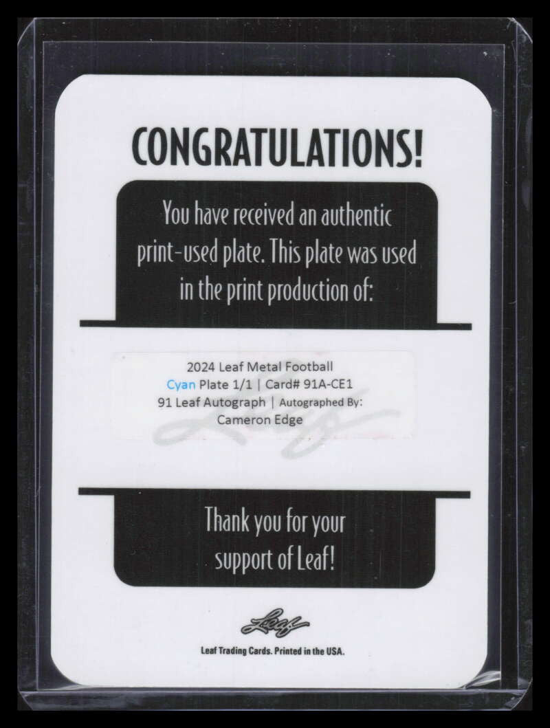 2024 Leaf Metal '91 Autographs Printing Plate Cyan Cameron Edge Rookie Auto 1/1