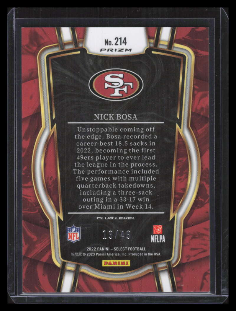 2022 Select Prizm Red Refractor 214 Nick Bosa 19/49 Club Level