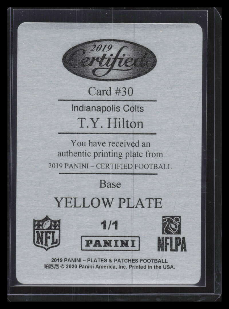 2019 Certified Plates and Patches Printing Plate Yellow 30 T. Y. Hilton 1/1