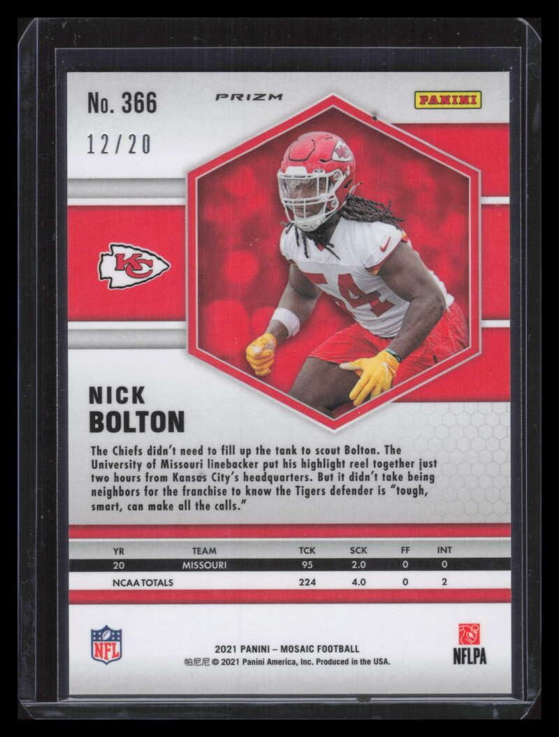 2021 Panini Mosaic Mosaic No Huddle Pink Refractor 366 Nick Bolton Rookie 12/20