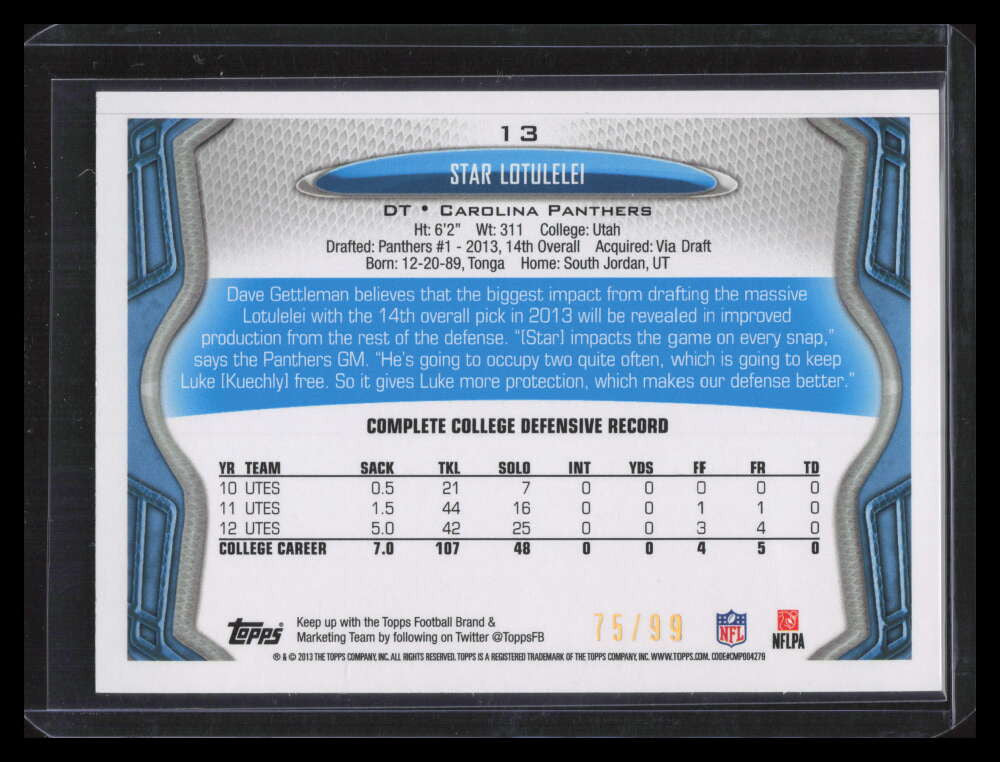 2013 Topps Rookie Legends Gold 13 Star Lotulelei Rookie 75/99