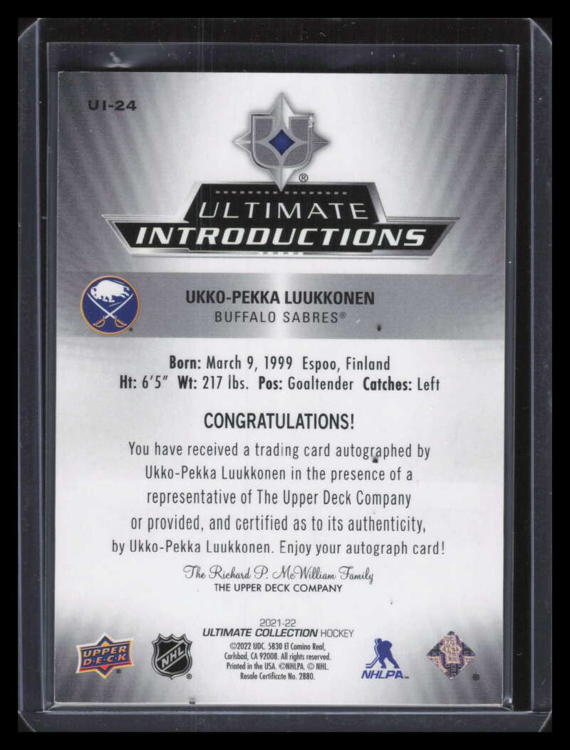 2021-22 Ultimate Introductions Autographs ui24 Ukko-Pekka Luukkonen Rookie Auto