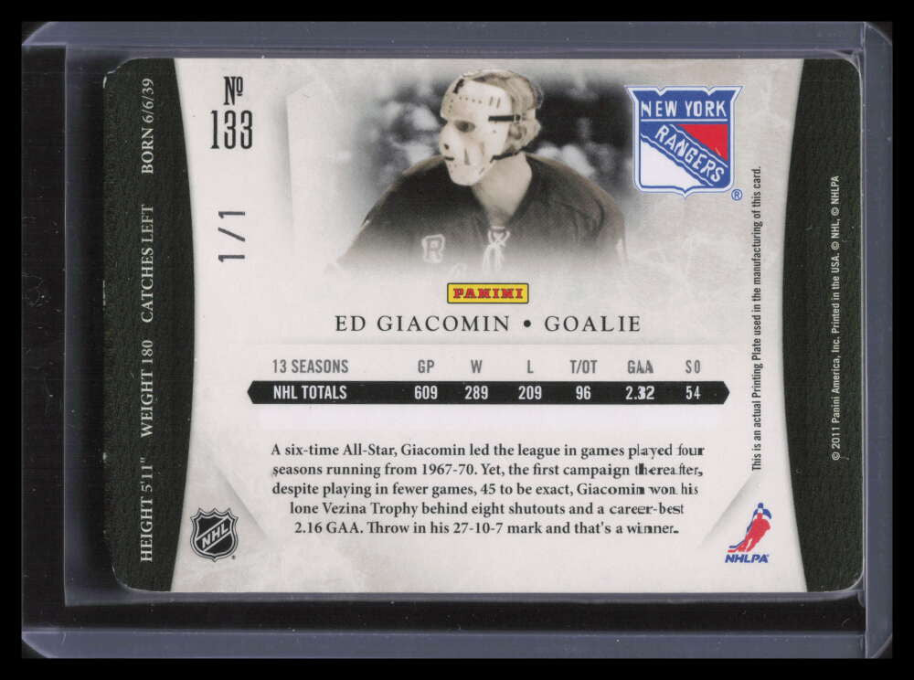 2010-11 Dominion Printing Plate Yellow 133 Ed Giacomin 1/1