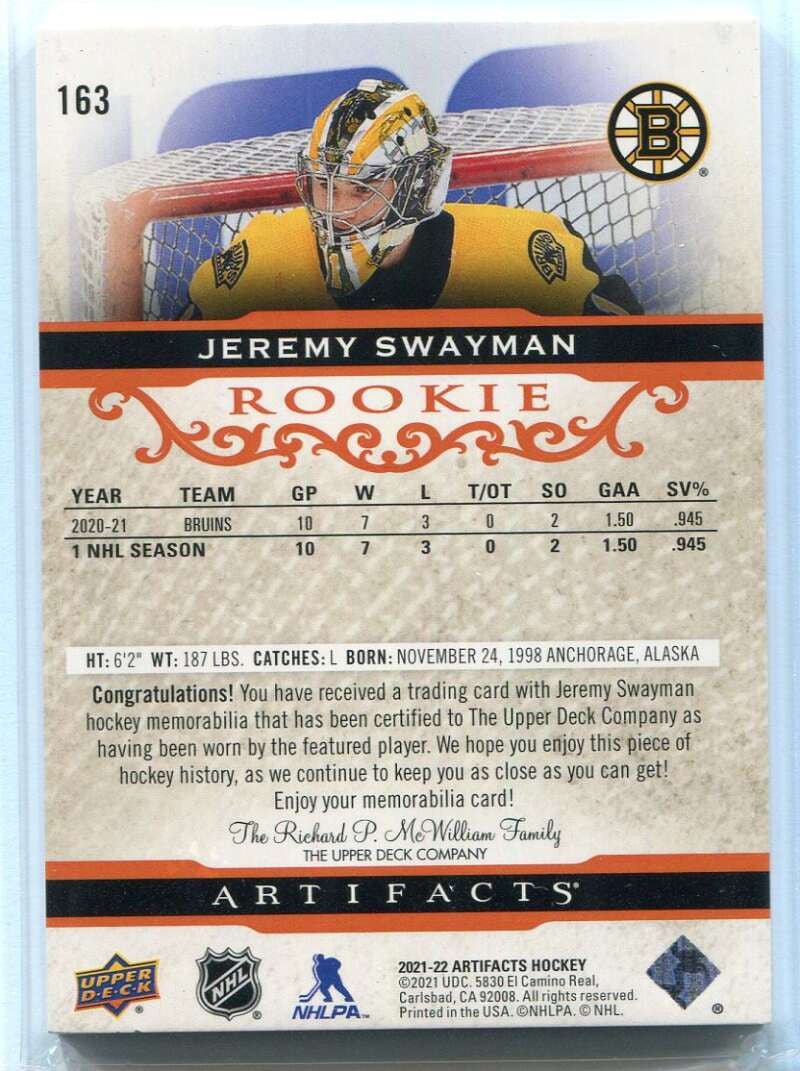 2021-22 Artifacts Materials Orange Jeremy Swayman Rookie Dual Fight Strap 5/15