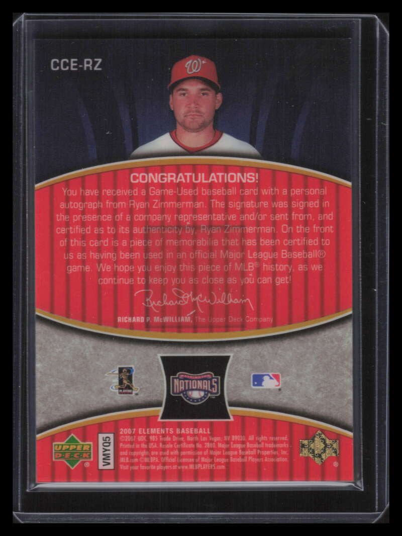 2007 Upper Deck Elements Clear Cut Silver RZ Ryan Zimmerman Jersey Auto 53/199