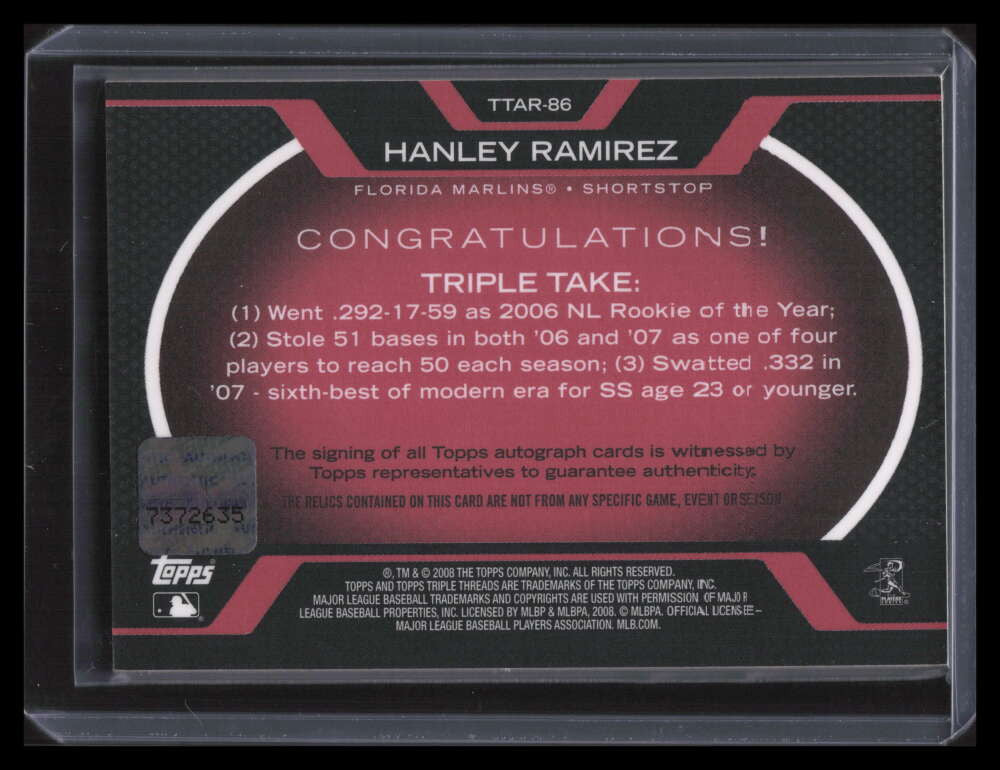 2008 Topps Triple Threads Relics Autographs Hanley Ramirez Bat Jersey Auto 11/18