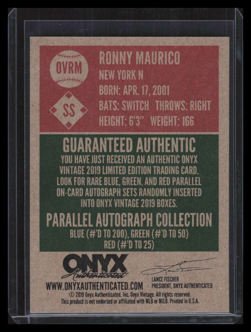 2019 Onyx Vintage Red Signatures OVRM Ronny Mauricio Rookie Auto /25
