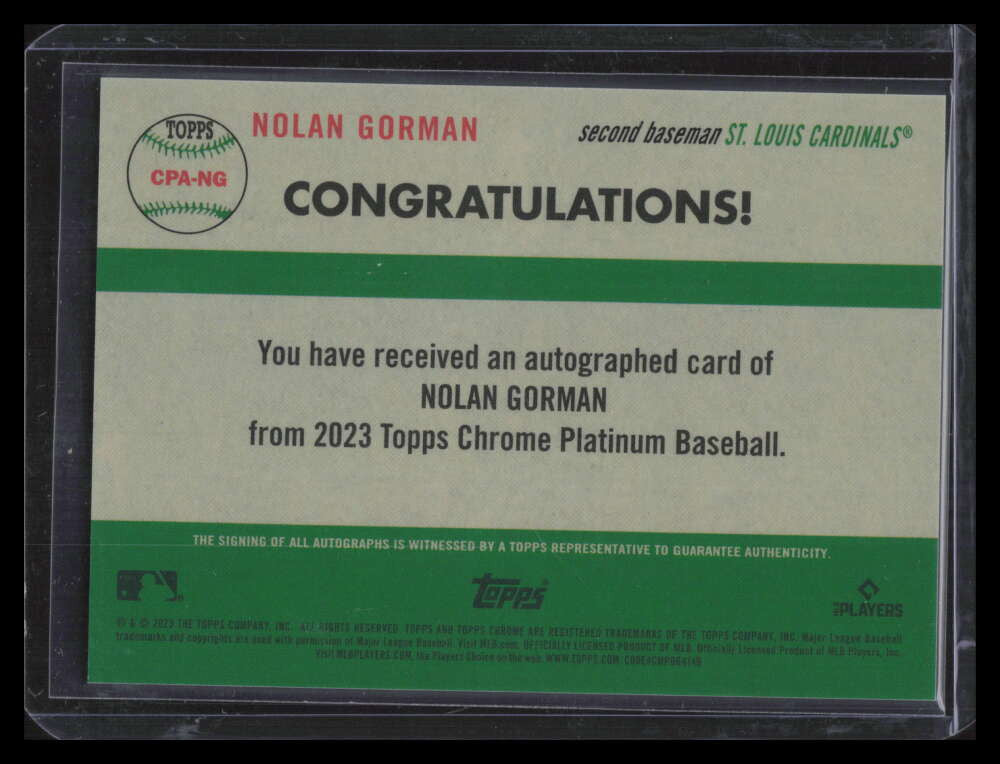2023 Topps Chrome Platinum Autographs Refractor Nolan Gorman RC Auto 114/150
