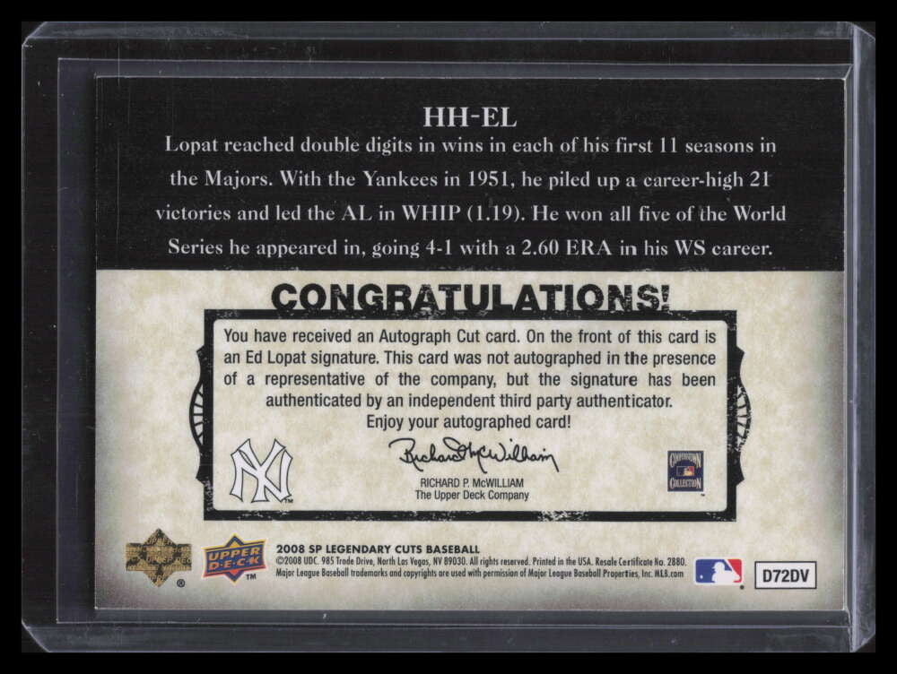 2008 SP Legendary Cuts Headliners and Heroes Signatures Ed Lopat Cut Auto 29/46