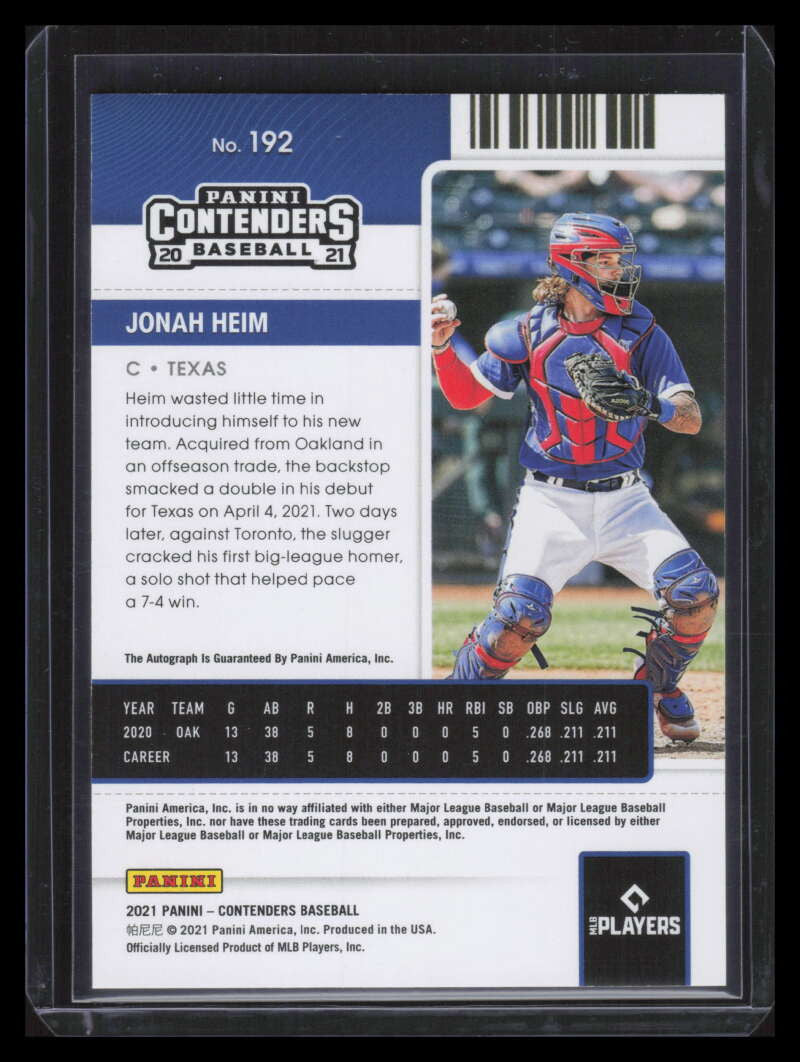 2021 Panini Contenders Playoff Ticket 192 Jonah Heim Rookie Auto 17/18