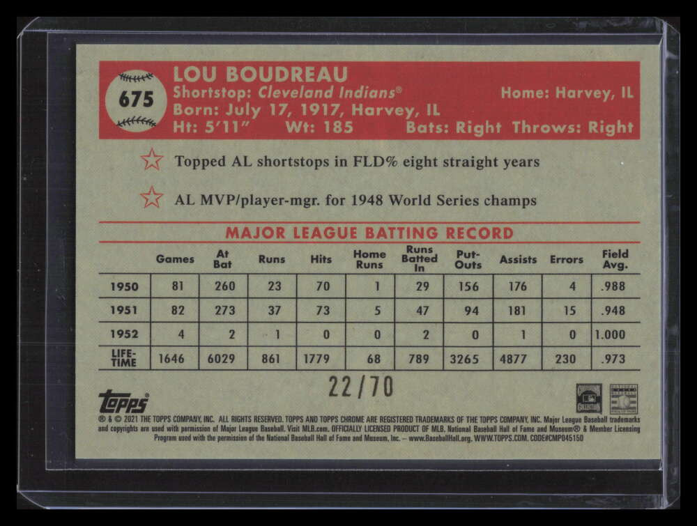 2021 Topps Chrome Platinum Mini Diamond 70th Refractor 675 Lou Boudreau 22/70