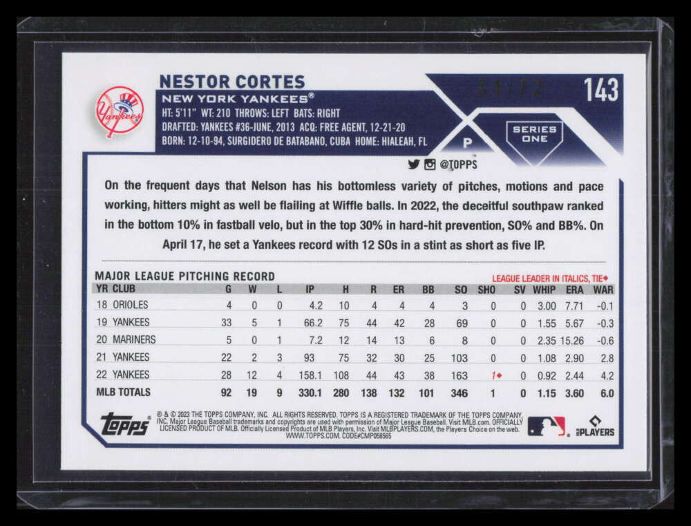 2024 Topps Black 143 Nestor Cortes 64/72