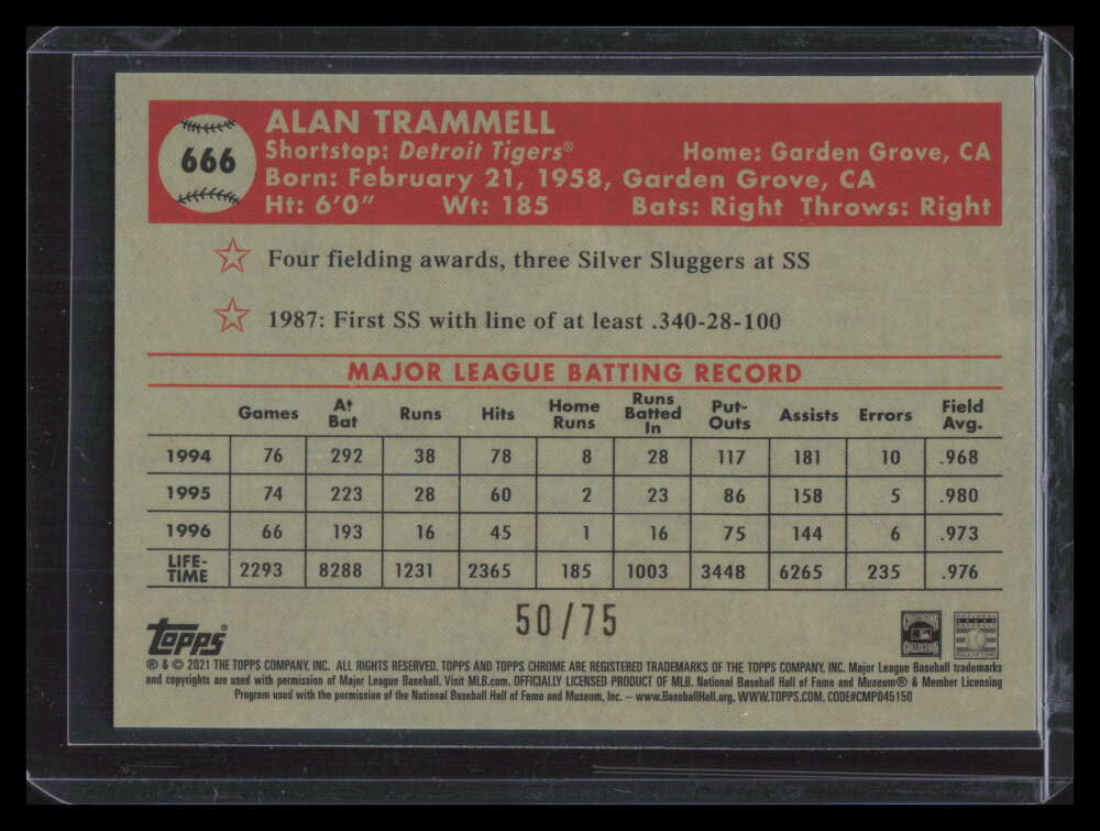 DELETE 150318 2021 Topps Chrome Platinum Rose Gold Mini Diamond Refractor Alan Trammell 50/75