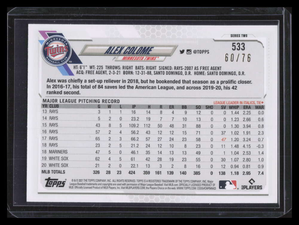 2021 Topps Independence Day 533 Alex Colome 60/76