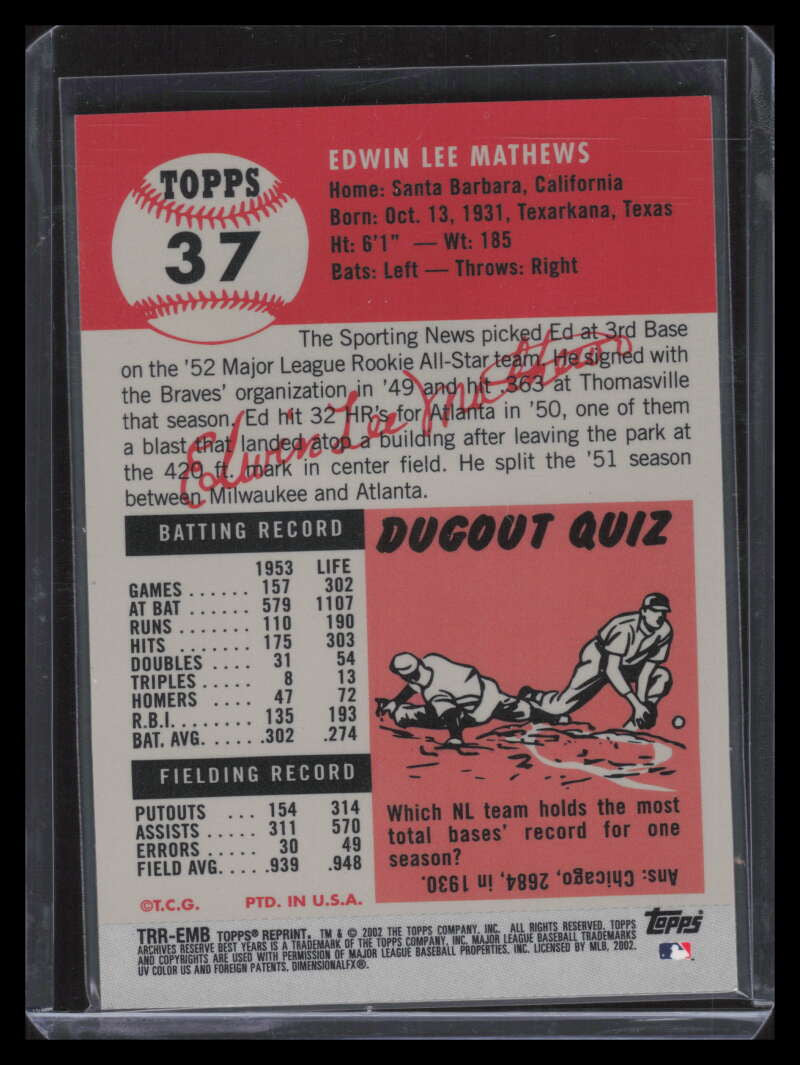 2002 Topps Archives Reserve Bat Relics TRREMB Eddie Mathews 53 Bat
