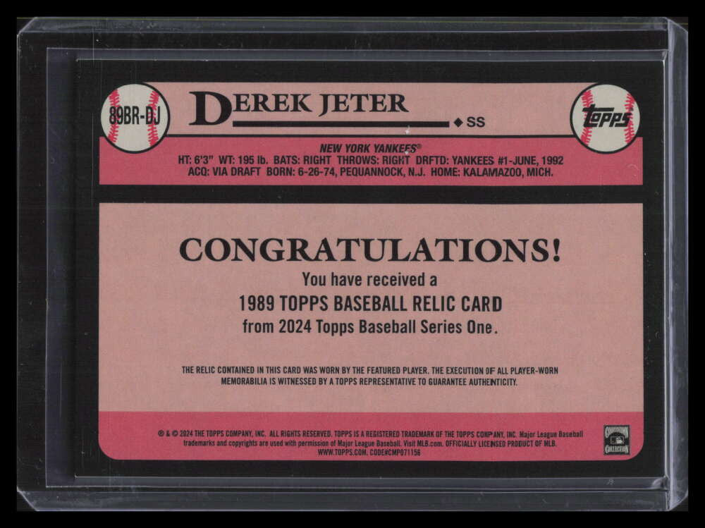 2024 Topps '89 Topps Relics Gold 89brdj Derek Jeter Jersey 19/50