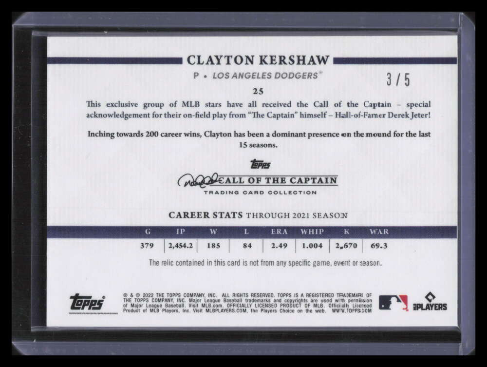 2022 Topps X Derek Jeter Call of Captain Relics Orange Clayton Kershaw Patch 3/5