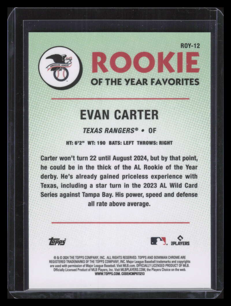 2024 Bowman Chrome Rookie of Year Favorites Green Refractor Evan Carter 59/99