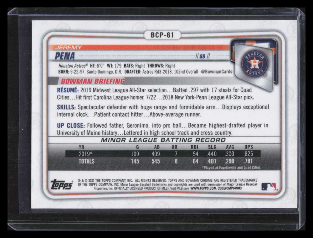 2020 Bowman Chrome Sapphire Orange Refractor bcp61 Jeremy Pena Rookie 61/75