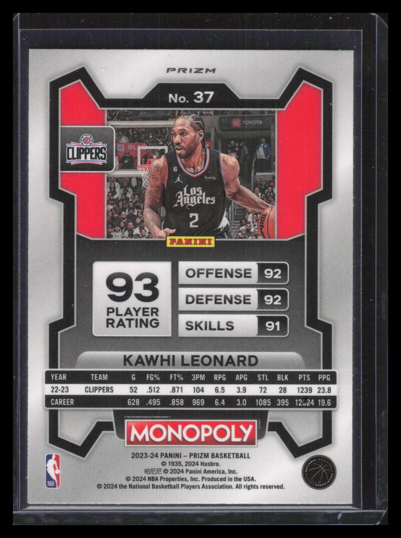 2023-24 Panini Prizm Monopoly Man Black and White Refractor 37 Kawhi Leonard
