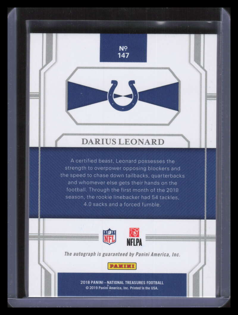 2018 National Treasures Red Jersey Number 147 Darius Leonard Rookie Auto 27/53