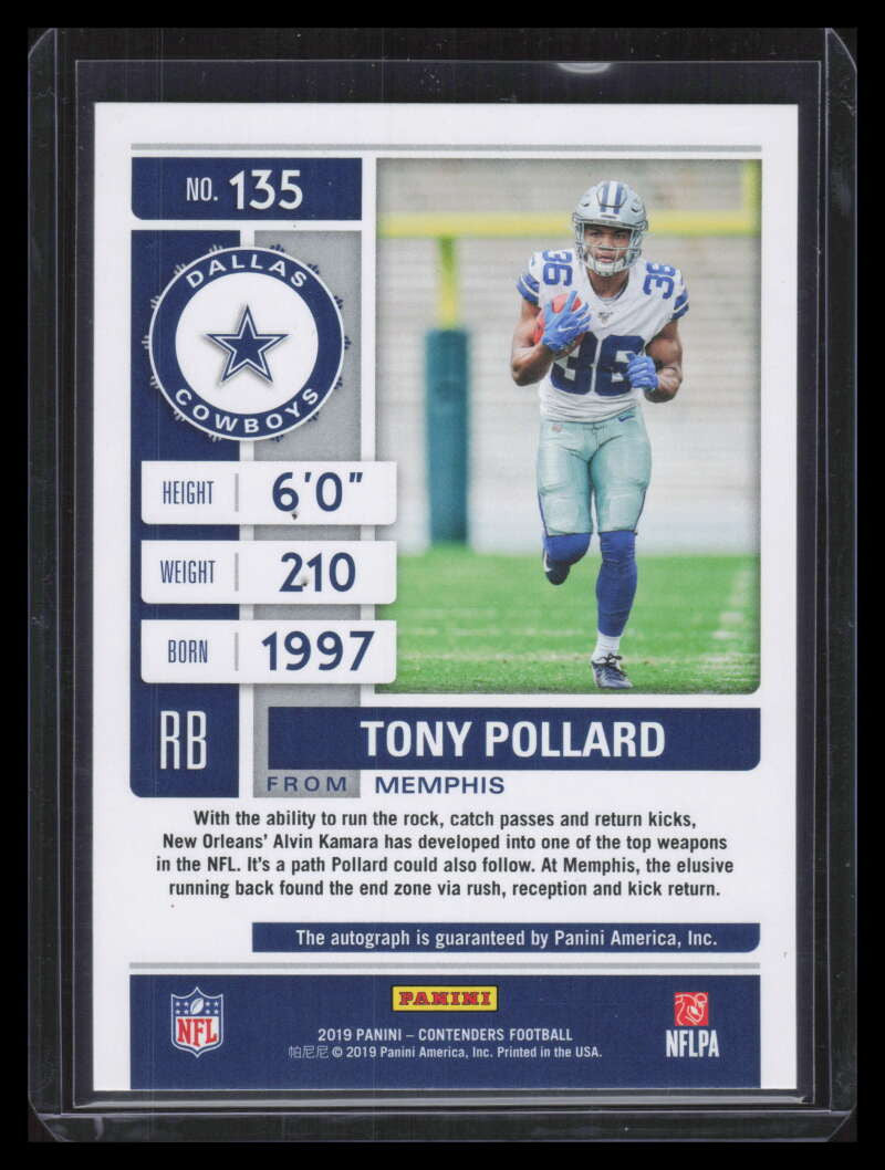 2019 Panini Contenders 135a Tony Pollard Rookie Auto
