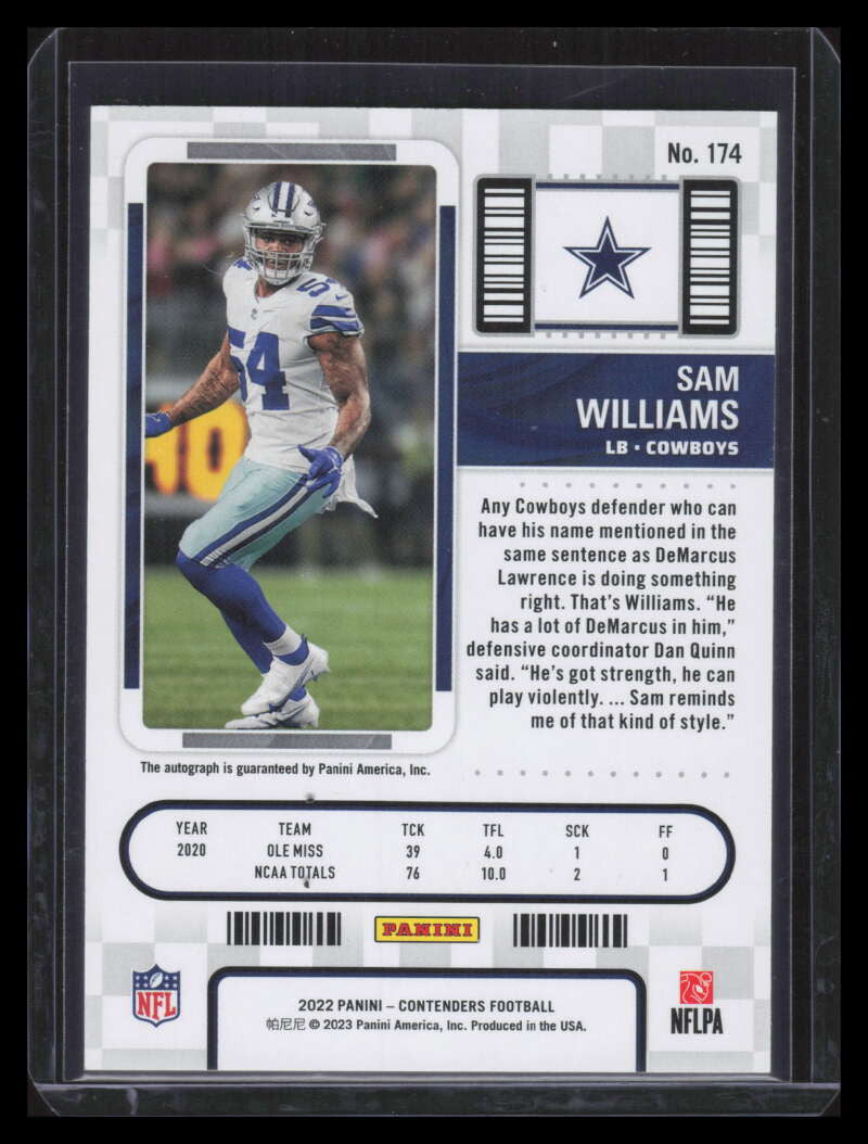 2022 Panini Contenders 174a Sam Williams Rookie Auto