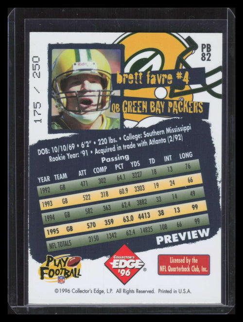 1996 Collector's Edge Packerbilia Preview pb82 Brett Favre 24k 175/250