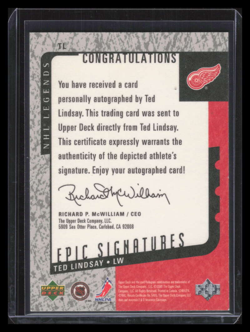 2000-01 Upper Deck Legends Epic Signatures TL Ted Lindsay Auto