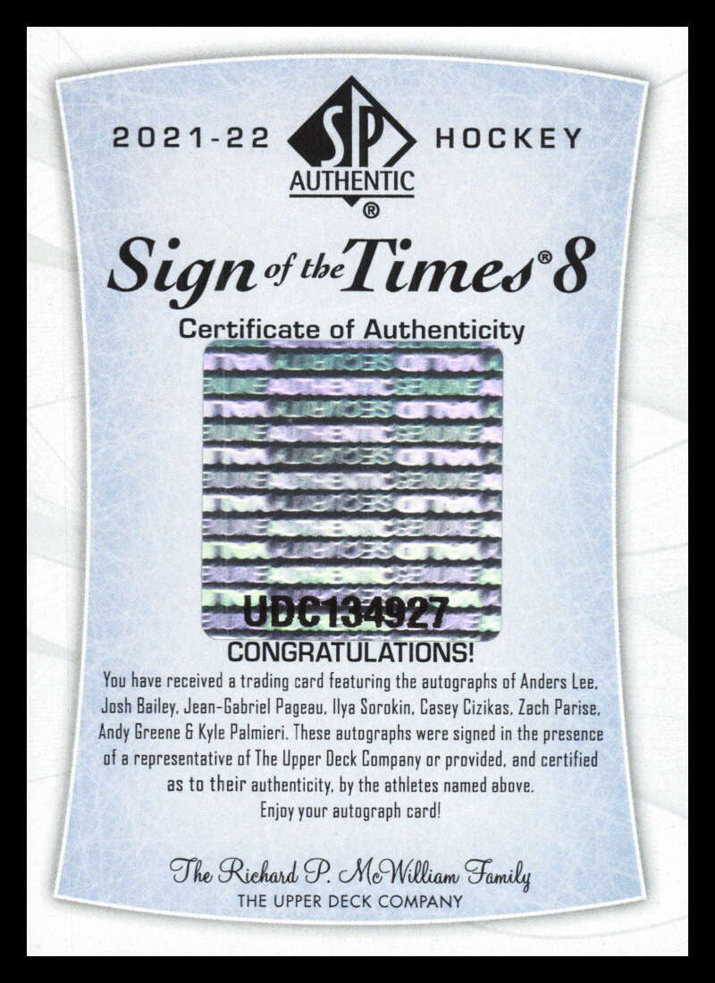 2021-22 SP Authentic Sign of the Times Eights Parise Bailey Lee Sorokin Auto 2/5