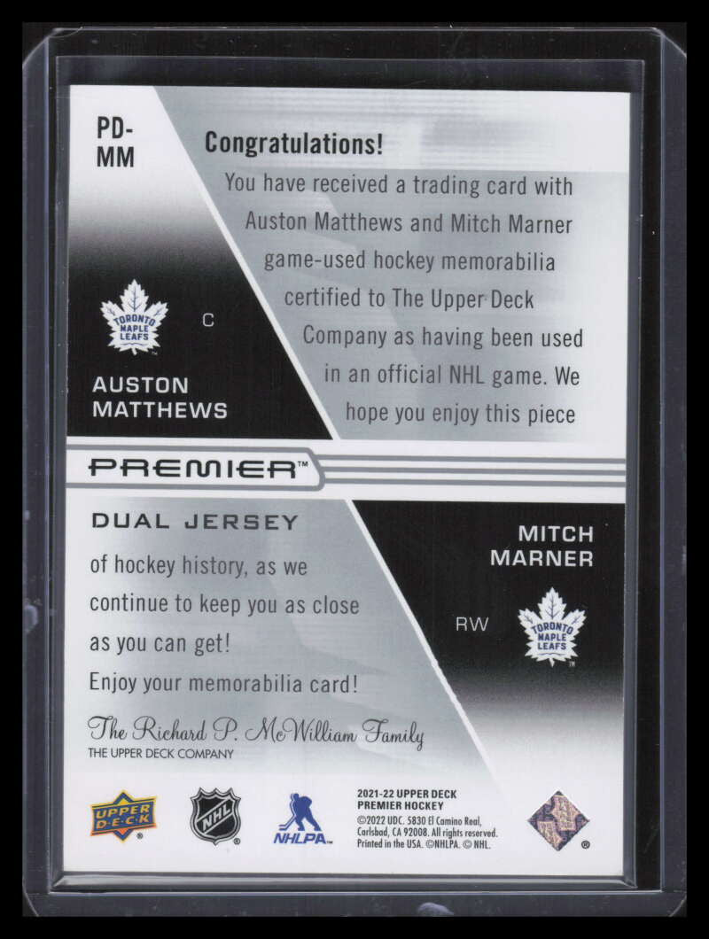 2021-22 Upper Deck Premier PDMM Mitch Marner Auston Mathews Dual Jersey 41/99