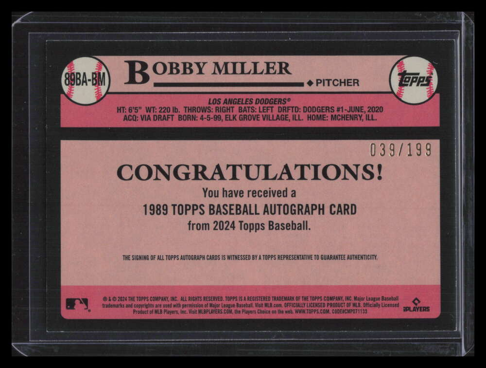 2024 Topps '89 Topps Autographs Black 89babm Bobby Miller Auto 39/199