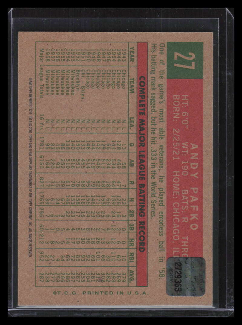 2001 Topps Team Topps Legends Autographs tt27f Andy Pafko 59 Auto 1959