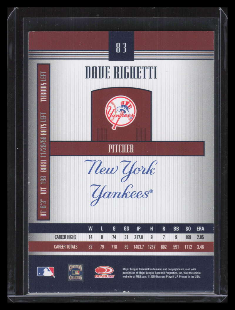 2005 Donruss Signature Autograph Silver 83 Dave Righetti Auto /800