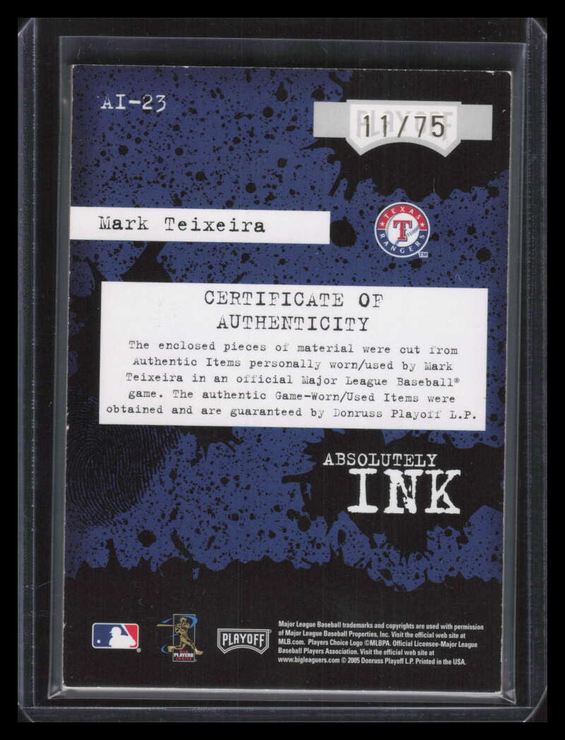 2005 Absolute Absolutely Ink ai23 Mark Teixeira Triple Bat Cap Jersey Auto 11/75