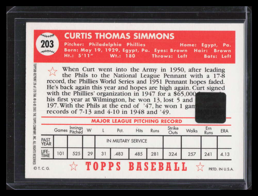 2001 Topps Archives Autographs taa28 Curt Simmons Auto