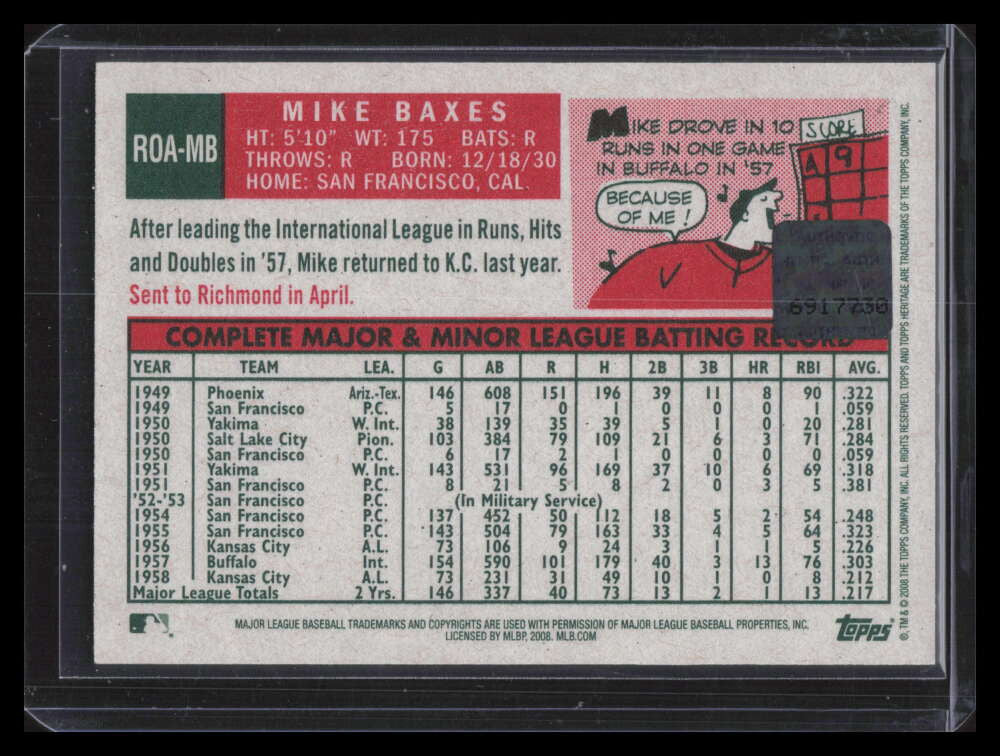 2008 Topps Heritage Real One Autographs Red Ink MB Mike Baxes Auto 16/59