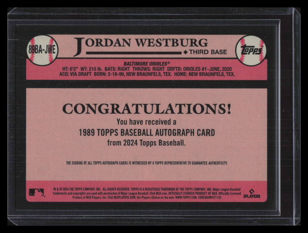 2024 Topps '89 Topps Autographs 89bajwe Jordan Westburg Rookie Auto