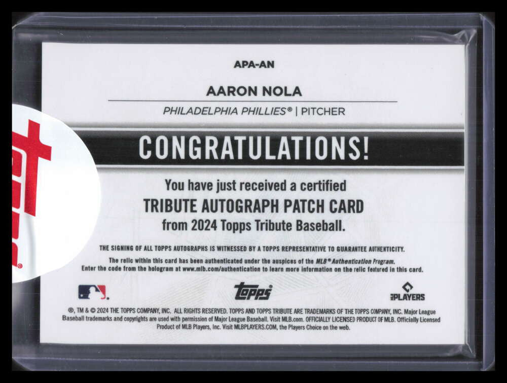 2024 Topps Tribute Autograph Patches Red APAAN Aaron Nola Patch Auto 8/10