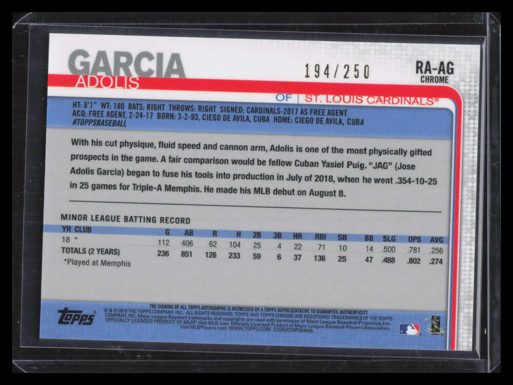 2019 Topps Chrome Autographs Purple Refractor Adolis Garcia Rookie Auto 194/250
