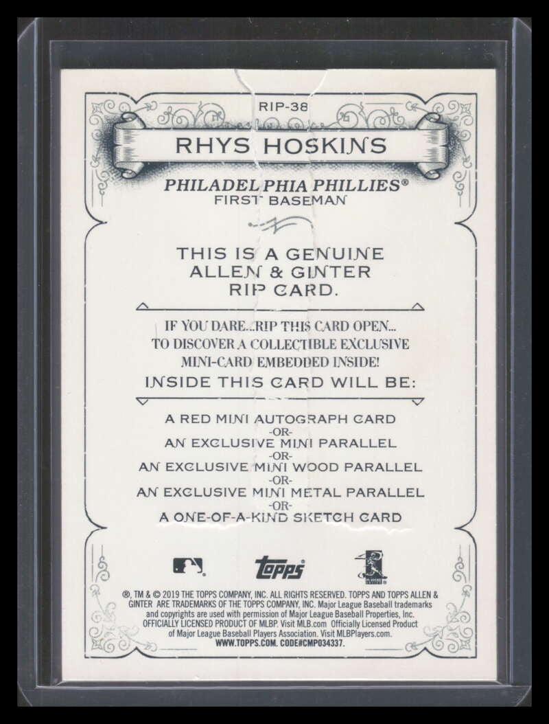 2019 Topps Allen and Ginter Rip Cards rip38 Rhys Hoskins RIPPED 72/75