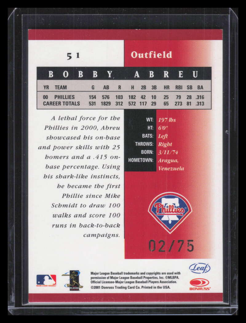 2001 Leaf Certified Materials Mirror Red 51 Bobby Abreu 2/75