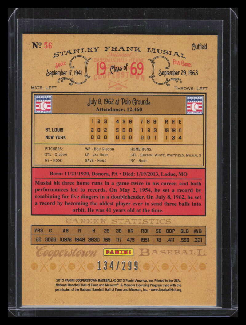 2013 Panini Cooperstown Gold Crystal 56 Stan Musial 134/299