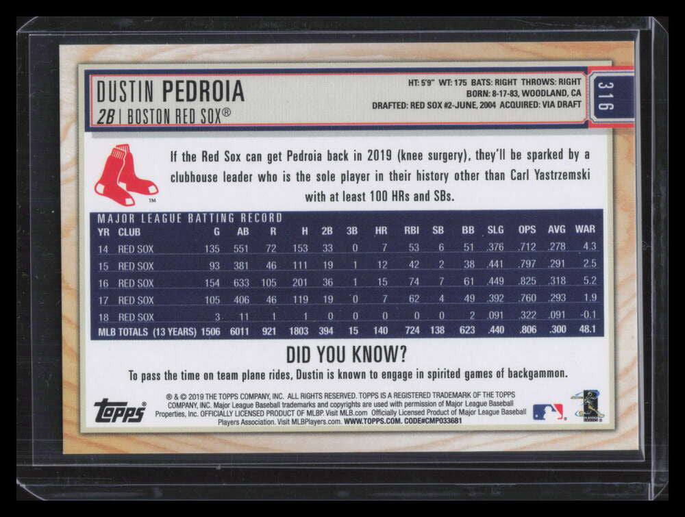 2019 Topps Big League Rainbow Foil 316 Dustin Pedroia 17/100