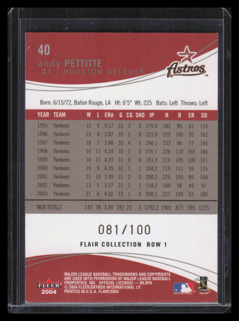 2004 Flair Collection Row 1 40 Andy Pettitte 81/100