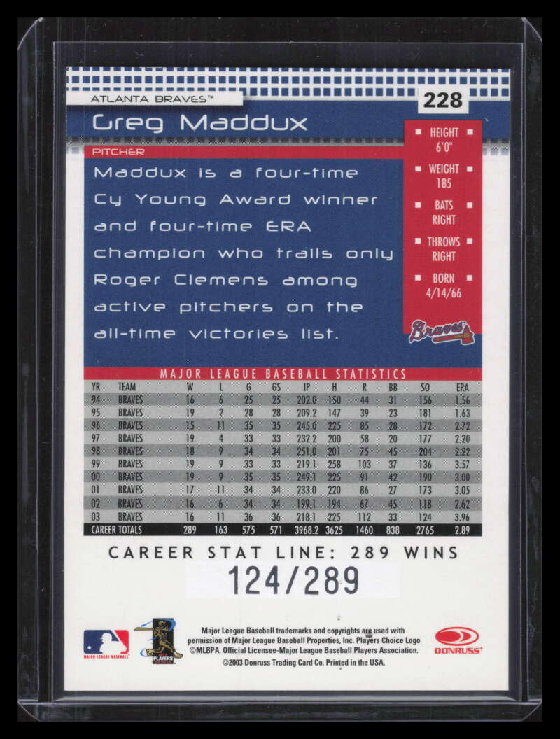 2004 Donruss Stat Line Career 228 Greg Maddux 124/289