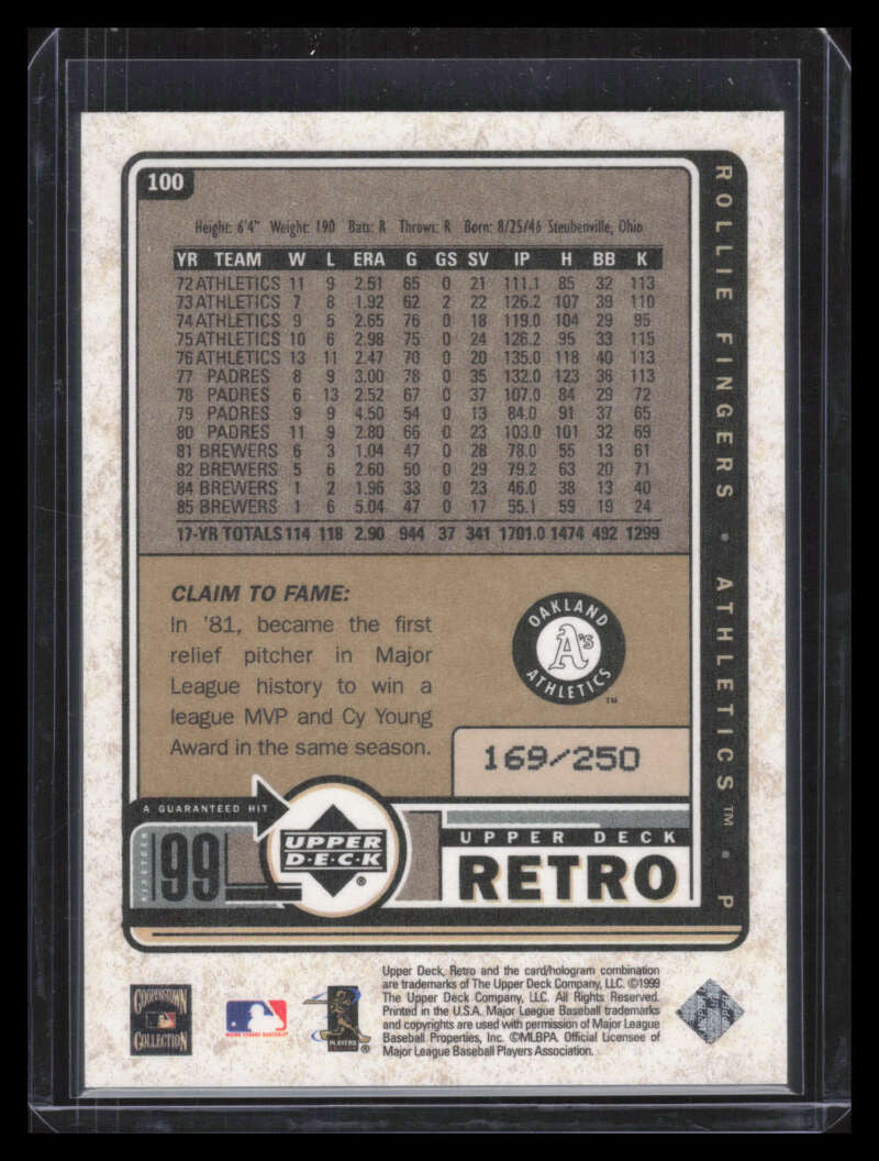 1999 Upper Deck Retro Gold 100 Rollie Fingers 169/250