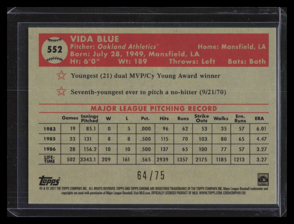 2021 Topps Chrome Platinum Rose Gold Mini Diamond Refractor 552 Vida Blue 64/75