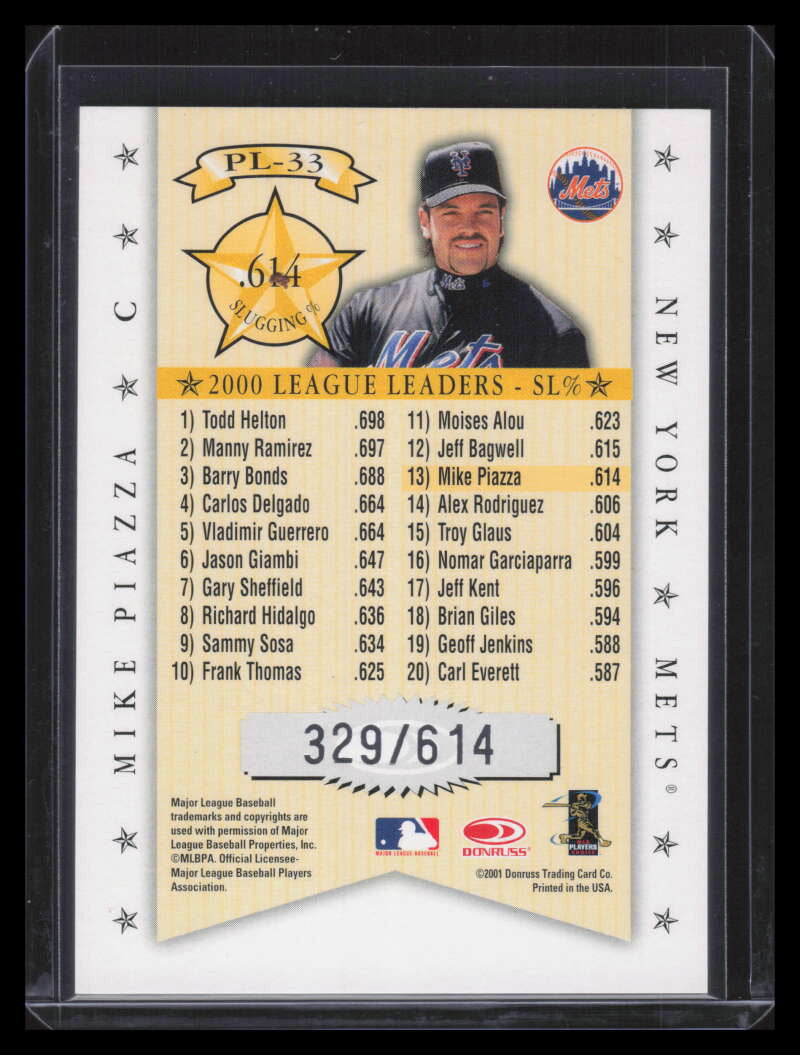 2001 Donruss Production Line pl33 Mike Piazza SLG 329/614